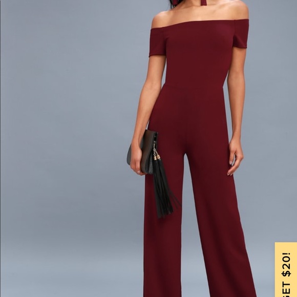 Lulus Other - Alleyoop Burgundy Off-the-Shoulder Jumpsuit